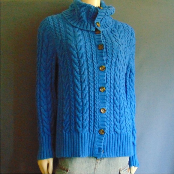 🍓Lands’ End - Royal Blue Cabled Cotton Chunky Cardigan Sweater - L - Picture 1 of 9